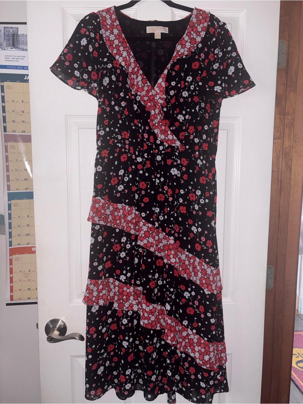 Michael Kors Black Floral Wrap Midi Dress with Red & White Accents